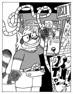 anthro arcade arcade_machine eyewear fanny_pack glasses joystick male snout ticket wearing_glasses billy_fore domestic_pig mammal procyonid raccoon suid suine sus_(pig) black_and_white comic hi_res monochrome