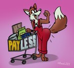 anthro big_butt bucket butt chest_tuft clothing container male open_mouth overalls pink_background raised_arm raised_tail red_clothing red_overalls shopping_cart simple_background solo standing tail tuft keenfox payless_diy canid canine fox mammal 2023 signature