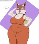 anthro big_breasts big_butt breasts butt clothed clothing dialogue dress eyewear felid feline female frame_bag fur fur_markings glasses hi_res lynx mammal markings mature_female orange_clothing orange_dress overweight overweight_female purse red_eyewear red_glasses seriftarkus solo tan_body tan_fur text thick_thighs url wide_hips