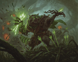 ambiguous_gender anthro arrow_(weapon) belt claws facial_markings green_eyes group head_markings holding_arrow holding_crossbow hood male markings mask_(marking) melee_weapon open_mouth plant ranged_weapon sharp_teeth solo_focus standing sword tail teeth tree weapon whiskers chris_rahn hasbro magic:_the_gathering wizards_of_the_coast mammal procyonid raccoon 2023 hi_res official_art traditional_media_(artwork)
