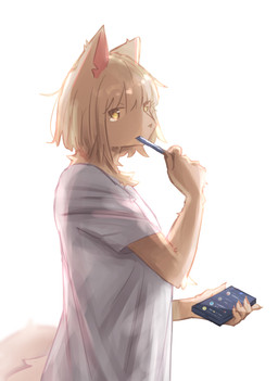 anthro blonde_hair bright_light brush brushing brushing_teeth clothed clothing electronics female hair phone shirt side_view simple_background solo tail topwear white_background mametunu canid canine canis mammal wolf 2022 absurd_res digital_drawing_(artwork) digital_media_(artwork) hi_res