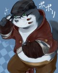 anthro black_nose bottomwear clothing eyewear glasses green_eyes hat headgear headwear kemono male overweight overweight_anthro overweight_male pants solo text hinami tera_online canid canine mammal popori 2014 4:5 hi_res japanese_text