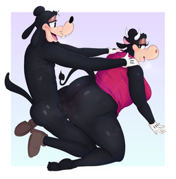 absurd_res anthro bedroom_eyes big_butt bodily_fluids boolishclara bovid bovine breasts butt canid canine cattle clarabelle_cow clothing disney duo feet female goofy_(disney) grabbing_from_behind hi_res male male/female mammal moan narrowed_eyes penetration pose seductive sex thick_thighs