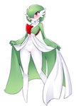 blush clothed clothing clothing_lift dress dress_lift female flat_chested gardevoir generation_3_pokemon genitals hair hair_over_eye hi_res nintendo not_furry one_eye_obstructed pokemon pokemon_(species) pussy ricegnat solo