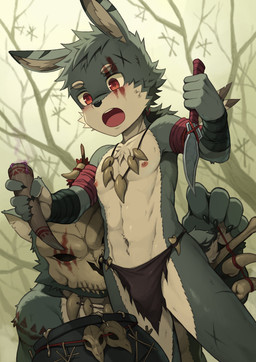 abs anthro athletic athletic_male bottomwear bulge cauldron clothing dagger duo forest jewelry loincloth male melee_weapon muscular muscular_young necklace pecs plant rainforest tooth_necklace tree weapon young daikung lagomorph leporid mammal rabbit absurd_res hi_res