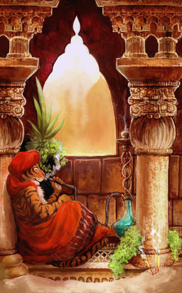 anthro clothed clothing eyes_closed fur hookah male male_anthro markings mouth_closed orange_body orange_fur side_view sitting solo striped_arms striped_body striped_fur striped_markings striped_tail stripes tail tail_markings white_body white_fur chumbasket felid mammal pantherine tiger absurd_res hi_res