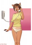 anthro breasts brown_body brown_fur brown_hair clothing electronics female frilly frilly_clothing frilly_panties frilly_underwear fur hair landline_phone nipple_outline nipples nude open_mouth panties phone phone_call shirt short_hair solo standing topwear underwear wired_phone yellow_clothing yellow_panties yellow_underwear pwnagespartan reiko_(pwnagespartan) cervine deer mammal sika_deer hi_res