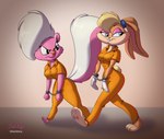 anthro cuff_(restraint) duo female frustrated handcuffed handcuffs inmates_clothing metal_cuffs orange_jumpsuit prison prison_suit prison_uniform prisoner restraints shackles smile smirk dazzlekong looney_tunes tiny_toon_adventures warner_brothers bimbette lola_bunny