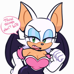 5_fingers anthro armwear bare_shoulders breasts cleavage clothed clothing dialogue elbow_gloves eyeshadow female fingers fur gloves green_eyes handwear lipstick makeup open_mouth simple_background solo speech_bubble tan_body tan_skin text white_body white_fur wings lou_lubally sega sonic_the_hedgehog_(series) rouge_the_bat bat mammal 1:1 2025 english_text hi_res signature
