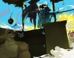 ambiguous_gender annoyed anthro beach beach_hut biceps black_eyebrows black_eyewear black_sunglasses blind blue_sky day deltoids dialogue disability empty_eyes explosion eyebrows eyewear eyewear_on_head featureless_chest fin flail gills group head_fin inside lifeguard_tower male male_anthro melee_weapon midair muscular muscular_anthro muscular_male outside pecs sharp_teeth sky snout sunglasses sunglasses_on_head talking_to_another teeth text tongue weapon white_eyes white_text yellow_body yellow_fin yellow_tongue kogito monster_energy fish marine shark 2025 absurd_res english_text hi_res