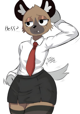 anthro duo elegant femboy freckled_face freckles glistening_eyelids male motion_lines office_clothing pose tuft mlp118edit aggretsuko sanrio haida_(aggretsuko) hyena mammal absurd_res hi_res