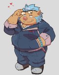 anthro blue_hair bottomwear bulge clothing cute_fangs eyewear fangs glasses hair heart_symbol humanoid_hands kemono male overweight overweight_anthro overweight_male pants simple_background solo teeth chisa_sa lifewonders tokyo_afterschool_summoners ganglie_(tas) mammal suid suina sus_(pig) wild_boar 2021