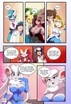 anthro anthrofied big_ears black_eyes black_sclera blush braixen bray_(lucyfercomic) breasts brown_eyes canid cinccina_(lucyfercomic) cinccino cleavage clothed clothing colette_(inarifox) comic cute_fangs dr._voir dress eeveelution english_text eyewear female gardevoir generation_3_pokemon generation_4_pokemon generation_5_pokemon generation_6_pokemon glasses gloves group hair hair_over_eyes handwear hat headgear headwear hi_res human inner_ear_fluff inside jewelry jirachi kaito_(inarifox) leafeon legendary_pokemon licking licking_lips licking_own_lips lopunny lucyfercomic male mammal may_(pokemon) nano_(nanosheep) necklace nintendo pink_eyes pokemon pokemon_(species) pokemon_trainer pokemorph pupils red_eyes self_lick shiny_pokemon speech_bubble text tongue tongue_out tuft white_pupils yellow_eyes