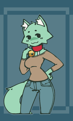 anthro bell bell_collar biped blue_background bottomwear bra_strap breasts brown_clothing brown_shirt brown_topwear clothed clothing collar denim denim_bottomwear denim_clothing female fluffy_ears front_view fully_clothed fur hand_on_hip inner_ear_fluff jeans pants red_collar shirt simple_background small_waist solo standing tail teal_body teal_fur topwear tuft white_inner_ear_fluff echossmetches melina_(nekuzx) domestic_cat felid feline felis mammal 2024 digital_drawing_(artwork) digital_media_(artwork)