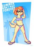 anthro bikini clothing eyewear female footwear grin hair orange_hair palm_tree plant sandals shoes simple_background smile solo sunglasses swimwear tattoo text tree two-piece two-piece_swimsuit unnam3d jenny_(unnam3d) bird_dog canid canine canis domestic_dog golden_retriever hunting_dog mammal retriever 2017 english_text hi_res