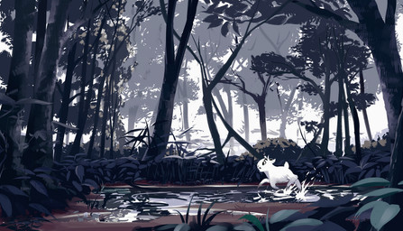 2_horns ambiguous_gender feral forest fur horn leaf outside plant quadruped reflection running sky solo tree water white_body white_fur itsdanfango olive_(itsdanfango) bovid caprine goat mammal 2016