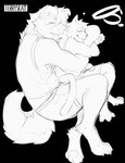 anthro bite clothed clothing collar cuddling duo ears_down hug hugging_another hugging_from_behind male male/male medallion pivoted_ears size_difference sleeping tail terryskaii_(artist) baal_sylva terry_skai hi_res monochrome