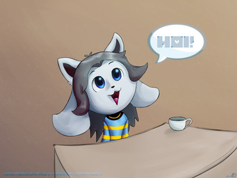 anthro blue_clothing blue_eyes blue_sweater blue_topwear clothed clothing container cup female furniture grey_hair hair open_mouth pattern_clothing pattern_sweater pattern_topwear simple_background solo speech_bubble striped_clothing striped_sweater striped_topwear stripes sweater table text topwear white_body masteroshawott undertale undertale_(series) temmie_(undertale) mammal tem 4:3 hi_res watermark