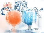 2023 adobe_photoshop_(artwork) alcohol alternate_species anthro beverage blep butt chest_tuft cocktail_garnish conditional_dnp container cup digital_media_(artwork) digitigrade drinking_glass duo eyes_closed felid female flora_(twokinds) fur furrification glass glass_container glass_cup hair hi_res keidran long_hair male mammal monochrome nude pantherine partially_submerged pawpads restricted_palette short_hair sketch smile spot_color striped_body striped_fur stripes tail tiger tiger_trace tom_fischbach tongue tongue_out tuft twokinds