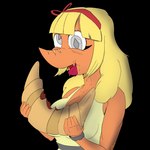 5_fingers anthro blonde_hair bracelet bread breasts clothing croissant derp_eyes dress eyelashes female fingers food grey_eyes hair jewelry long_hair non-mammal_breasts open_mouth orange_body orange_scales pastry scales simple_background snout solo tongue tongue_out transparent_background theumslayer cavemanon_studios snoot_game heather_(snoot_game) dinosaur prehistoric_species reptile scalie 1:1 2024 absurd_res alpha_channel digital_drawing_(artwork) digital_media_(artwork) hi_res