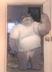 anthro balls bottomless bottomless_male clothed clothing computer electronics fangs genitals homunculi laundry male open_door open_mouth overweight overweight_male penis shirt solo teeth tired topwear bezdomny lifewonders tokyo_afterschool_summoners tsathoggua_(tas) bear mammal