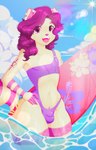 anthro beach bikini bulge clothing cloud detailed_bulge femboy hair male midriff navel open_mouth outside pink_eyes purple_hair seaside solo surfboard swimwear two-piece_swimsuit water lovelockdownart arlo_sloane arctic_fox canid canine fox mammal true_fox hi_res