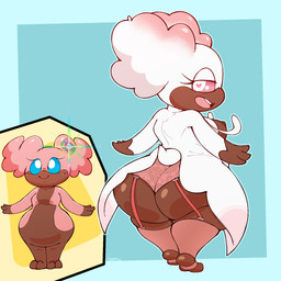 ambiguous_gender anthro big_butt breasts butt clothing fishnet_clothing fishnet_legwear footwear garter_belt garter_straps heart_eyes heart_symbol huge_butt lace lace_panties legwear lingerie looking_at_viewer looking_back nipples side_boob smile socks solo stirrup_socks wide_hips softestpuffss nintendo pokemon fan_character puff_(softestpuffss) audino generation_5_pokemon generation_6_pokemon mega_audino mega_evolution pokemon_(species) 1:1 hi_res male_(lore)