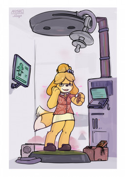 after_transformation anthro bell blonde_hair border bottomwear breasts clothing computer electronics eyewear female footwear glasses hair machine pawpads progress_bar shoes skirt smile solo standing tail tail_motion tailwag white_border anthromage animal_crossing nintendo isabelle_(animal_crossing) canid canine canis domestic_dog mammal 2025 hi_res
