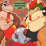 abs anthro barazoku bowser_logo bowser_logo_thong chest_tuft clothing erection facial_hair genitals group male male/male musclegut muscular muscular_male mustache necktie pecs penis tenting thong trio trunk tuft underwear inked-waffle donkey_kong_(series) mario_bros nintendo super_mario_bros_wonder bowser donkey_kong_(character) elephant_mario mario ape elephant elephantid haplorhine koopa mammal primate proboscidean scalie 1:1 hi_res