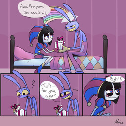 4_fingers anthro bed bedroom blush duo eye_contact female fingers flustered furniture gift half-closed_eyes holidays larger_male looking_at_another male motion_lines narrowed_eyes nervous nervous_laugh nervous_smile rainbow_symbol size_difference smaller_female smile smirk smug_grin speech_bubble star_symbol tail tail_motion tailwag text screaming_alice christmas glitch_productions the_amazing_digital_circus jax_(tadc) pomni_(tadc) humanoid lagomorph leporid mammal rabbit 1:1 absurd_res comic english_text hi_res