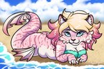 2018 anthro beach blonde_hair blue_eyes closed_smile eyelashes felid female fur hair hybrid lying mammal marine marzipan_(spottedtigress) merfolk mouth_closed multicolored_hair on_front overweight overweight_anthro overweight_female pantherine pink_body pink_fur pink_hair side_view signature smile solo split_form tiger tiggybloom two_tone_hair water white_body white_fur