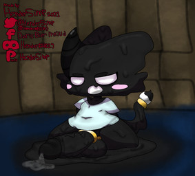 angry anthro ball_ring balls big_balls big_penis black_body black_skin blush blush_stickers bodily_fluids breasts chibi clothed clothing cum genital_fluids genitals gold_(metal) gold_jewelry gynomorph horn ink intersex jewelry male melting penis precum puddle raised_clothing raised_shirt raised_topwear shirt simple_background slightly_chubby small_breasts solo spread_legs spreading thick_thighs topwear vein veiny_penis white_eyes hendersimp bea_(hendersimp) alien goo_creature humanoid hybrid watermark
