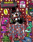 ambiguous_gender anthro bottle card clothed clothing container female group male playing_card smoking text wings chico hazbin_hotel husk_(hazbin_hotel) ambiguous_species demon domestic_cat felid feline felis mammal absurd_res hi_res japanese_text translated