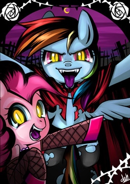 arm_warmers armwear blue_body blue_feathers blue_fur cape clothing duo fangs feathered_wings feathers female feral fur hair legwear long_hair looking_at_viewer multicolored_hair open_mouth pink_body pink_fur pink_hair pupils purple_eyes rainbow_hair sharp_teeth sky slit_pupils smile stockings teeth tongue torn_clothing wings yellow_eyes basakdash friendship_is_magic hasbro my_little_pony mythology pinkie_pie_(mlp) rainbow_dash_(mlp) earth_pony equid equine horse mammal mythological_creature mythological_equine pegasus pony vampire digital_media_(artwork)