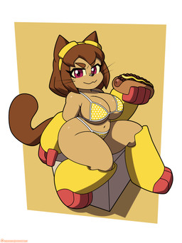 anthro big_breasts bikini biped breasts brown_body brown_hair clothed clothing eyebrows eyelashes female food hair hot_dog looking_at_viewer pupils red_eyes simple_background sitting smile solo swimwear thick_thighs two-piece_swimsuit whiskers yellow_bikini yellow_clothing yellow_swimwear omegasunburst gameoverse glitch_productions kit_bodega domestic_cat felid feline felis mammal 2026 3:4 absurd_res hi_res