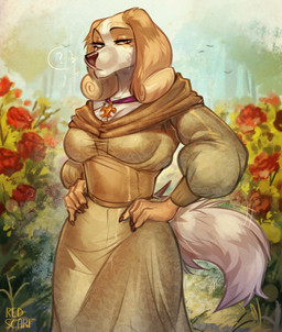 anthro breasts claws cleavage clothed clothing curly_hair dress eyelashes female fleur-de-lis floppy_ears flower fluffy fluffy_tail fur garden gold_(metal) hair long_ears long_eyelashes looking_at_viewer plant purple_sash question_mark rose_(flower) shrub solo standing tail tail_motion tailwag tree white_body white_fur yellow_body yellow_eyes yellow_fur redscarfabs belfort_and_lupin diane_(belfort_and_lupin) avian bird bird_dog canid canine canis domestic_dog french_spaniel hunting_dog mammal spaniel 2025 absurd_res hi_res