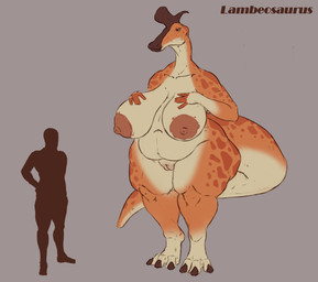 ambiguous_gender anthro areola belly big_belly big_breasts breasts brown_eyes countershading duo female fingerless_(marking) genitals gloves_(marking) grey_background hand_on_breast humanoid_genitalia humanoid_vulva innie_vulva leg_markings markings mouth_closed narrowed_eyes navel nipples non-mammal_breasts non-mammal_navel non-mammal_nipples nude orange_body overweight overweight_anthro overweight_female red_areola red_nipples sagging_breasts silhouette simple_background socks_(marking) standing tail tan_body tan_countershading unsigned vulva upai matilda_(upai) dinosaur hadrosaurid human lambeosaurus mammal ornithischian ornithopod prehistoric_species reptile scalie absurd_res hi_res