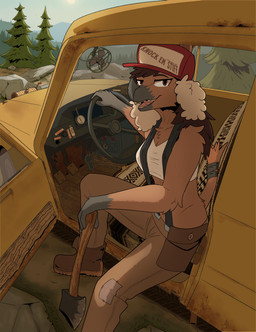 1_horn 5_fingers abs anthro axe biped black_suspenders black_wraps blue_sky boots bottomwear boulder breasts brown_body brown_boots brown_bottomwear brown_clothing brown_eyebrows brown_eyes brown_footwear brown_fur brown_hair brown_pants brown_tail brown_text cleavage clothed clothed_anthro clothed_female clothing cropped_tank_top day dipstick_snout electric_fan evergreen_tree eyebrows facial_horn female fingers footwear forest fur gloves_(marking) grass grey_body grey_fur grey_horn hair hat headgear headwear holding_axe holding_object horn humanoid_hands light_truck long_hair looking_at_viewer lumberjack markings medium_breasts midriff multicolored_body multicolored_fur multicolored_hat nature nose_horn open_mouth outside pants patch_(fabric) pine_tree pink_tongue plant plantigrade pupils red_clothing red_hat red_headwear rock shirt shoes sitting sky snout solo sun suspenders tail tail_wraps tank_top teeth text text_on_clothing text_on_hat text_on_headwear tongue topwear tree truck two_tone_body two_tone_fur vehicle white_clothing white_hat white_headwear white_shirt white_tank_top white_topwear winch_(object) wraps posspowered genna_sherman_(posspowered) axehandle_hound canid canine fearsome_critter mammal absurd_res english_text hi_res