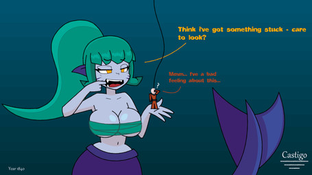 bandeau_bikini bare_shoulders big_breasts bikini black_sclera blue_background breasts clothing dialogue diving_suit duo female finger_in_mouth glistening glistening_breasts green_hair grey_body grey_skin hair larger_female larger_humanoid macro male mermaid_tail navel orange_clothing plant_clothing ponytail purple_tail red_background simple_background size_difference small_waist smaller_human smaller_male split_form strapless_bikini strapless_clothing strapless_swimwear swimwear tail teeth text two-piece_swimsuit underwater water white_sclera wide_hips yellow_eyes castigo kailani_the_siren aquatic human humanoid humanoid_merfolk mammal merfolk siren 16:9 2026 animated artist_name english_text hi_res widescreen