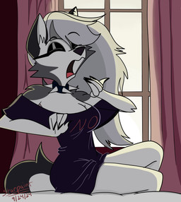 anthro bed big_breasts black_eyelids breasts cleavage clothed clothing collar eyes_closed female fur furniture grey_body grey_fur grey_hair hair inner_ear_fluff inside long_hair open_mouth pantsless shoulderless_shirt sitting sleeping_shirt sleepshirt solo spiked_collar spikes text tuft waking_up white_body white_fur window yawn starpaintart hellaverse helluva_boss mythology loona_(helluva_boss) canid canid_demon canine canis demon hellhound mammal mythological_canine mythological_creature wolf 2024 absurd_res artist_name dated hi_res