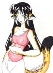 2003 animal_humanoid black_hair blue_eyes breasts cheetah_humanoid cherushi cleavage clothed clothing felid felid_humanoid feline feline_humanoid female hair humanoid mammal mammal_humanoid nipple_outline off_shoulder solo yellow_sclera