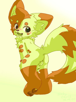 anthro blush bodily_fluids brown_body butt genital_fluids genitals green_body heterochromia male nude penis solo young young_anthro young_male nickypawss mocha(nickypawss) canid canine fox mammal 3:4 hi_res