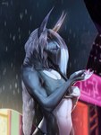 anthro braided_hair clothing detailed_background female hair holographic_horn horn raining solo standing umbrella white_hair kirchen mara_(verities) acrador canid canine canis jackal mammal hi_res