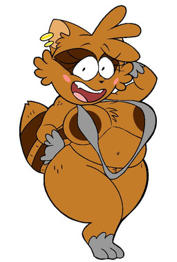 anthro areola barefoot big_breasts black_eyes blush breasts brown_areola brown_body brown_fur clothed clothing ear_piercing eyelashes fangs feet female fur hand_on_head hand_on_hip lingerie looking_at_viewer navel open_mouth overweight piercing simple_background slightly_chubby smile solo standing tail teeth thick_thighs underwear underwear_only white_background wide_hips problem_artist mammal_squad! doki_(mammal_squad!) mammal procyonid raccoon 2025 digital_media_(artwork)