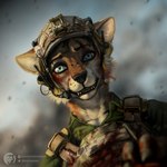 anthro armor battle blood blurred_background bodily_fluids clothing electronics headgear headphones headset helmet male military military_clothing military_helmet military_uniform shocked solo stare topwear uniform vest techiesxc canid canine canis coyote mammal 1:1 hi_res