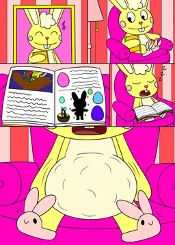 abdominal_bulge anthro belly belly_expansion big_belly bloated book buckteeth bunny_slippers chair cotton_tail easter_egg egg egg_inflation expansion eyes_closed furniture holidays lamp long_ears male male_anthro open_mouth pac-man_eyes photo picture_frame rosy_cheeks rumbling_stomach scut_tail short_tail sleeping sound_effects tail teeth vowelless vowelless_sound_effect yellow_body zzz nikko-kai-cutie third-party_edit easter happy_tree_friends cuddles_(htf) easter_bunny avian lagomorph leporid mammal rabbit 2020 2022 color_edit colored comic hi_res