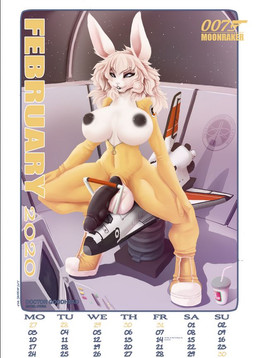 anthro balls big_breasts breasts calendar_pinup genitals gynomorph intersex penis small_waist solo space thedandelion james_bond_(series) lagomorph leporid mammal rabbit