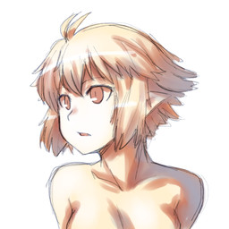 blonde_hair breasts clothed clothing female hair humanoid_pointy_ears not_furry nude open_mouth pointy_ears red_eyes short_hair simple_background solo topless white_background aaaa elf humanoid mammal 1:1 2015 hi_res
