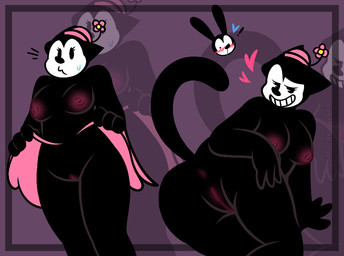 anime_nosebleed anthro anus being_watched biped black_body blood blush bodily_fluids border bottomwear butt clothed clothing clothing_lift duo female genitals glowing glowing_anus glowing_genitalia glowing_nipples glowing_vulva half_naked hand_on_butt hat headgear headwear heart_symbol looking_at_another looking_at_viewer nipples nosebleed pink_bottomwear pink_clothing pink_hat pink_headwear pink_skirt presenting presenting_hindquarters purple_border raised_tail shy simple_background skirt skirt_lift smile smiling_at_viewer solo_focus sweat sweatdrop tail teeth vulva sohornyraccoon disney ortensia oswald_the_lucky_rabbit domestic_cat felid feline felis mammal digital_media_(artwork) watermark