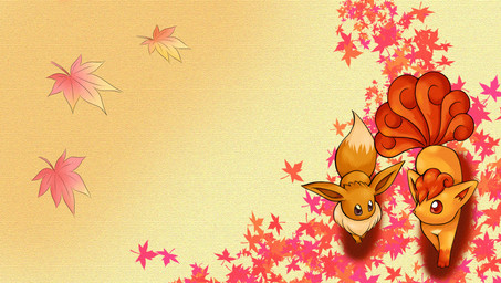 ambiguous_gender brown_eyes duo feral multi_tail red_eyes tail ryu_(artist) nintendo pokemon canid canine eevee generation_1_pokemon mammal pokemon_(species) vulpix source_request wallpaper